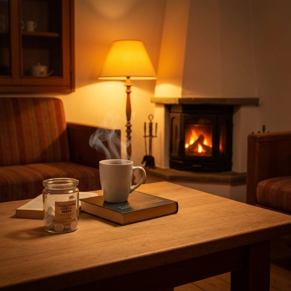 Abendszene mit warmer Lampe, Kräutertee, Magnesium-Glas und Buch