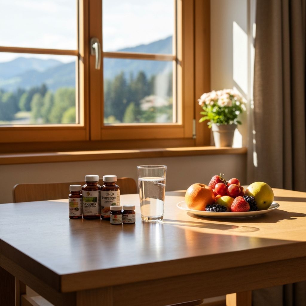 Morgenroutine mit Wasser, Vitaminen und frischem Obst